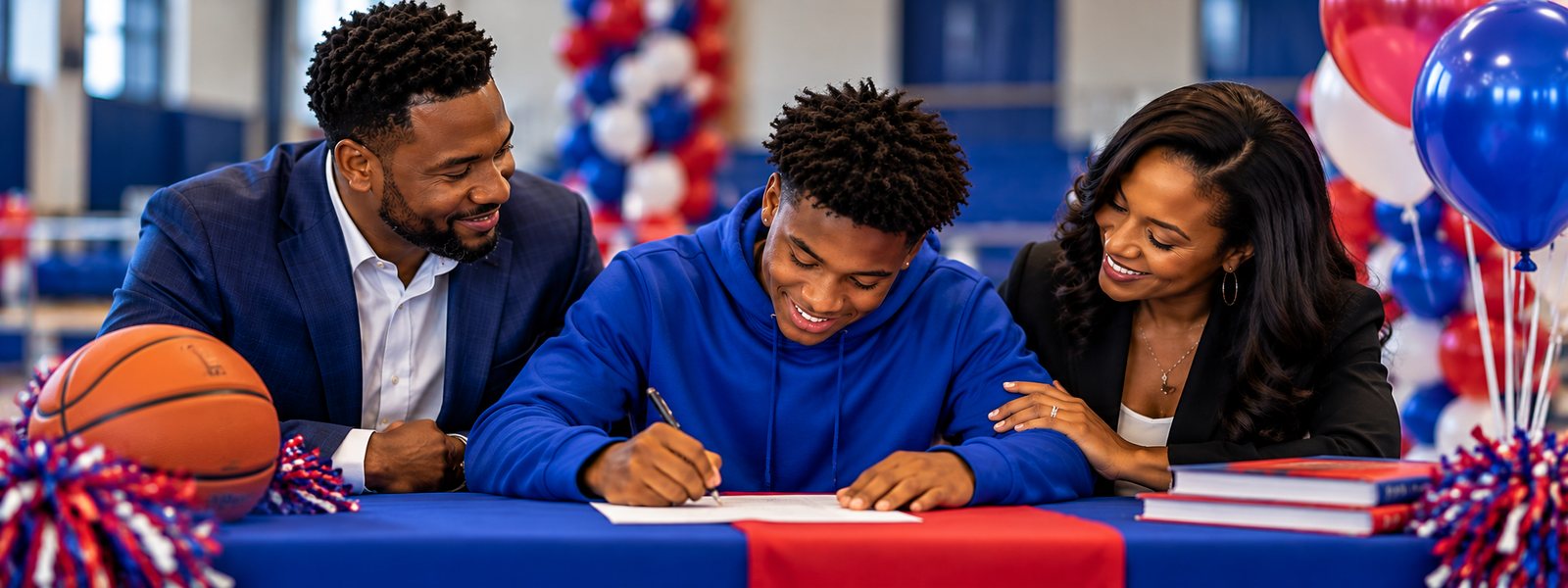 A young athlete signing with his parents beside him at a signing day celebration
